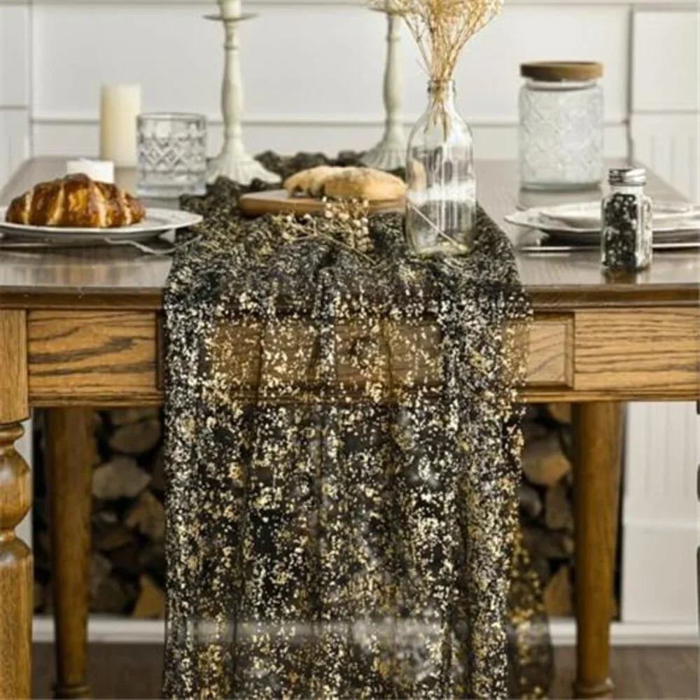 black gold table runner 120 inch sheer gauze glitter foil wedding party decor